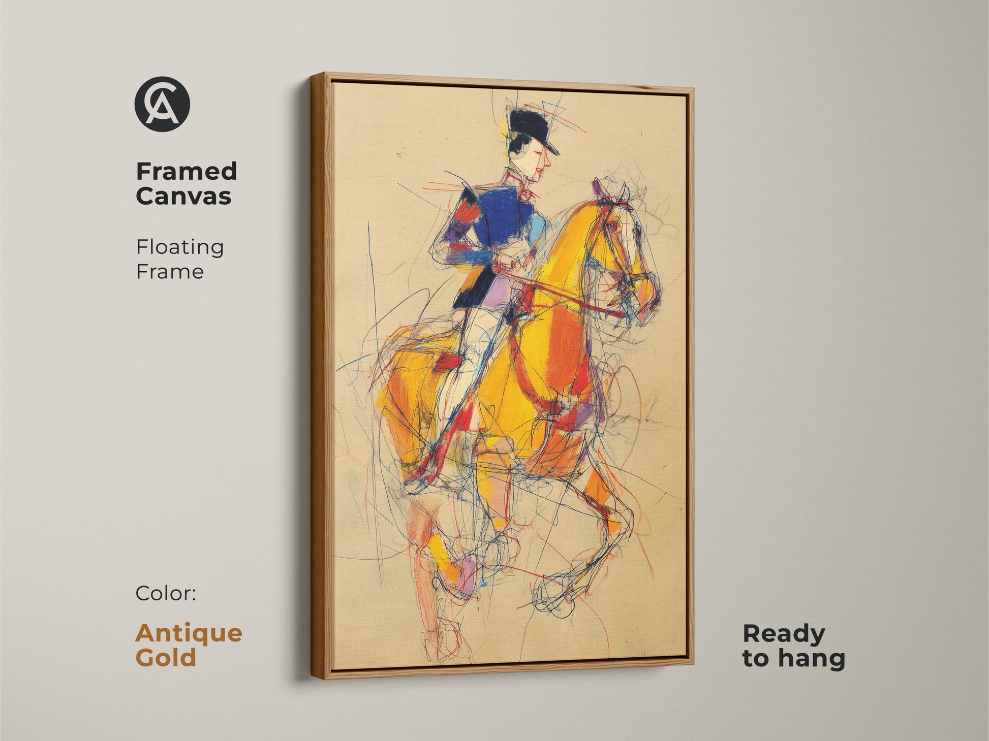 Framed Canvas with an antique gold floating frame showcasing a horse rider. Expressionist artwork in yellow blue and red. Ready to hang artwork ideal for adding a touch of elegance to your home or office. A unique equestrian gift.