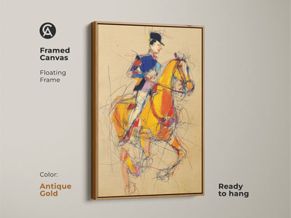 Framed Canvas with an antique gold floating frame showcasing a horse rider. Expressionist artwork in yellow blue and red. Ready to hang artwork ideal for adding a touch of elegance to your home or office. A unique equestrian gift.