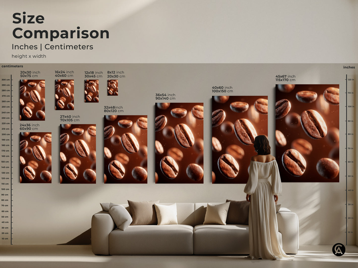 Size comparison of coffee bean art prints in inches and centimeters. Visualize the dimensions of each print. Sizes range from small to large to fit any room. Perfect for coffee lovers.
