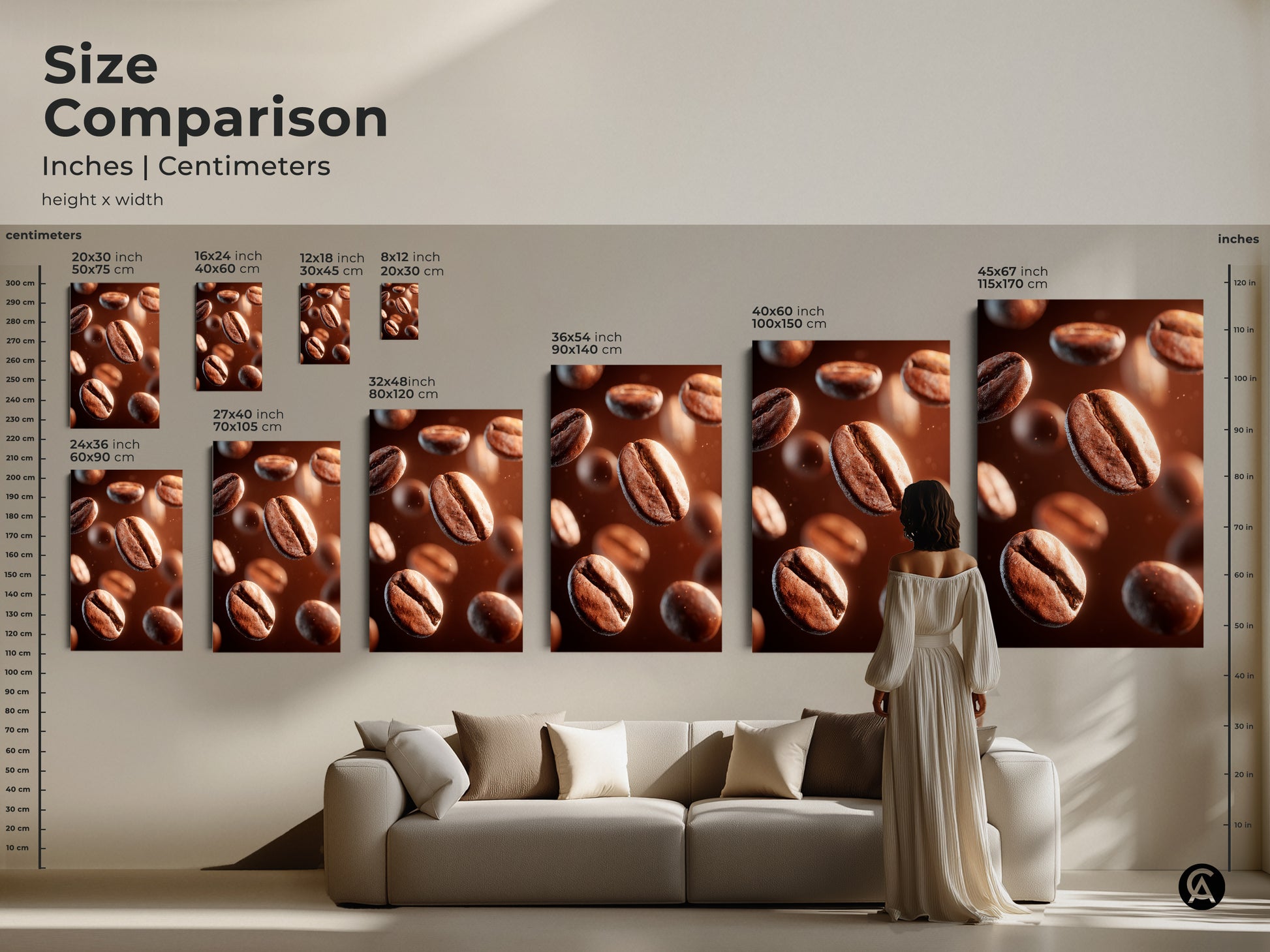 Size comparison of coffee bean art prints in inches and centimeters. Visualize the dimensions of each print. Sizes range from small to large to fit any room. Perfect for coffee lovers.