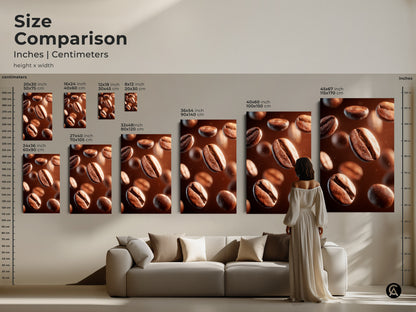 Size comparison of coffee bean art prints in inches and centimeters. Visualize the dimensions of each print. Sizes range from small to large to fit any room. Perfect for coffee lovers.