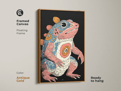 Showcasing framed canvas with a unique animal. This psychedelic frog wall art features a floating antique gold frame. Ready to hang this retro creature print adds an eclectic touch. The fantasy amphibian poster is perfect for vibrant wall art. Add this to your oddity art print collection