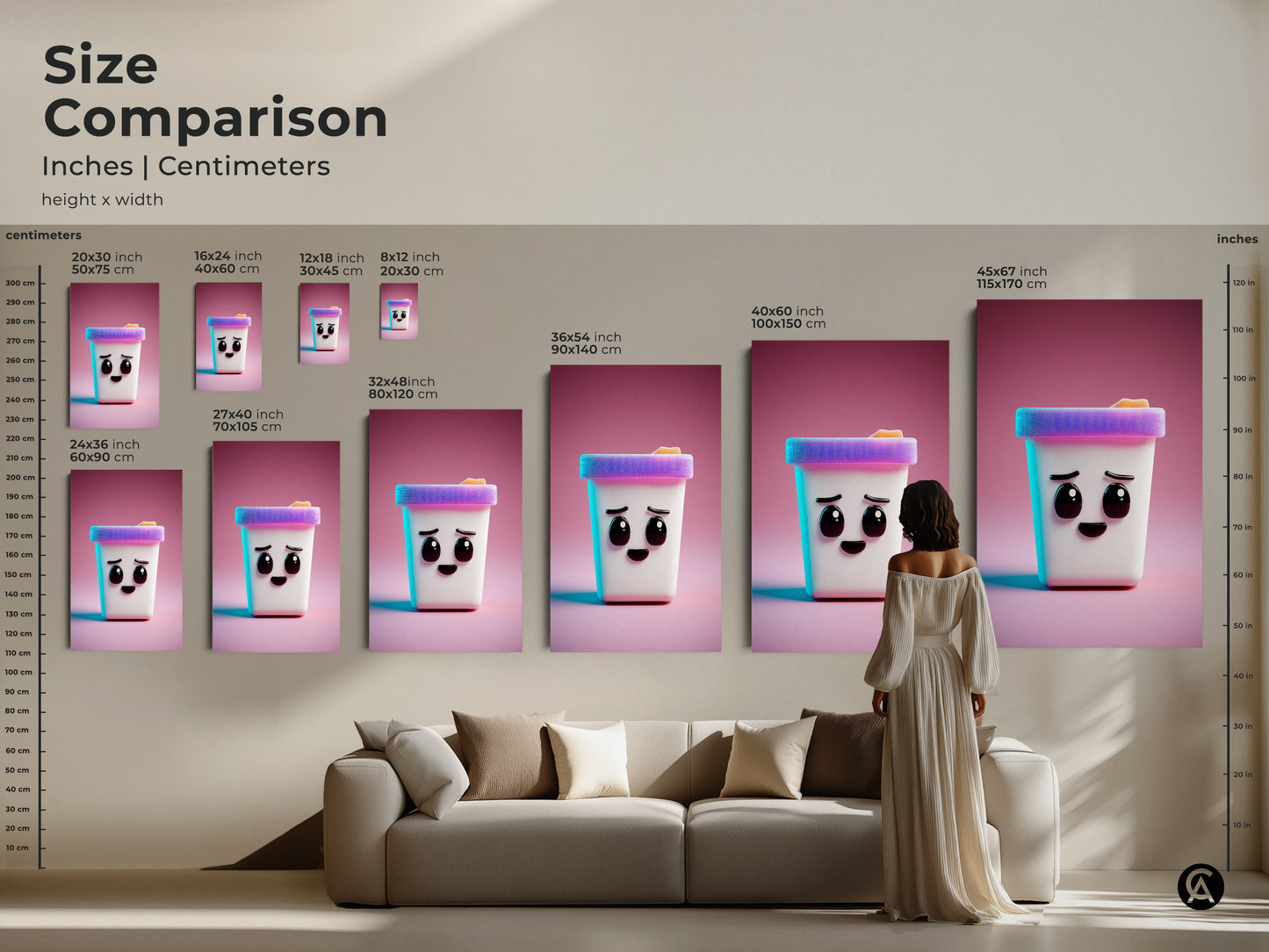 Size comparison of the cute Kawaii ice cream cone artwork in inches and centimeters. Various sizes are available as canvas or poster prints. This modern abstract art is perfect for vibrant kids' art.