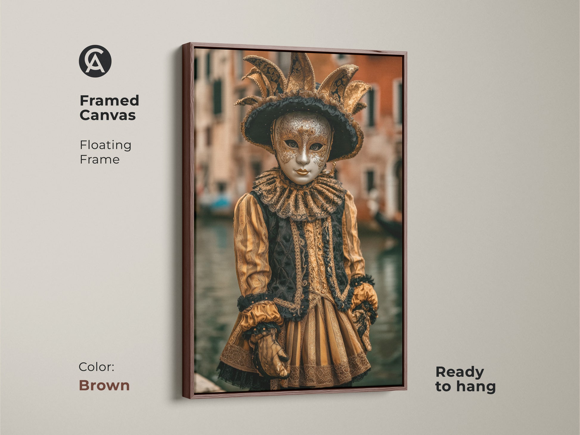 An ornate Venetian Jester Costume Artwork with brown frame. This Framed Canvas art features a floating frame. The gold and black Masquerade Mask Canvas Print is ready to hang. This Baroque Wall Art brings a unique festive spirit to any space.
