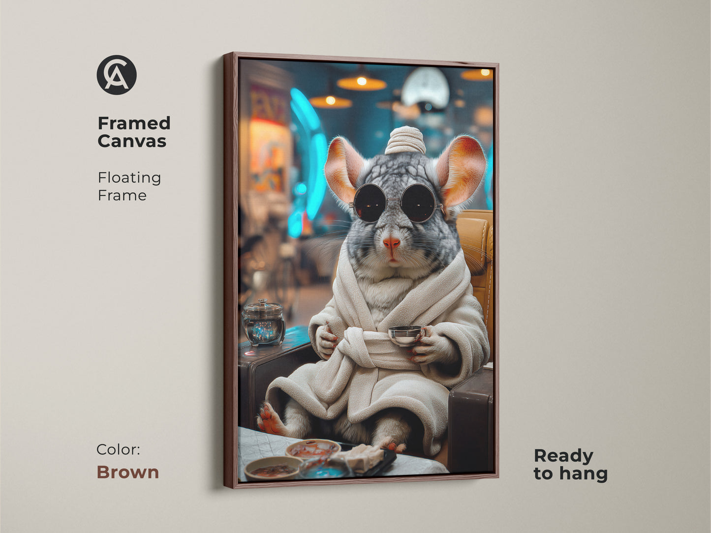 Brown framed canvas print features a surreal chinchilla in a robe. The funny animal wall art adds an eclectic touch. The gray brown and teal art is a unique birthday present for animal lovers. It is ready to hang.