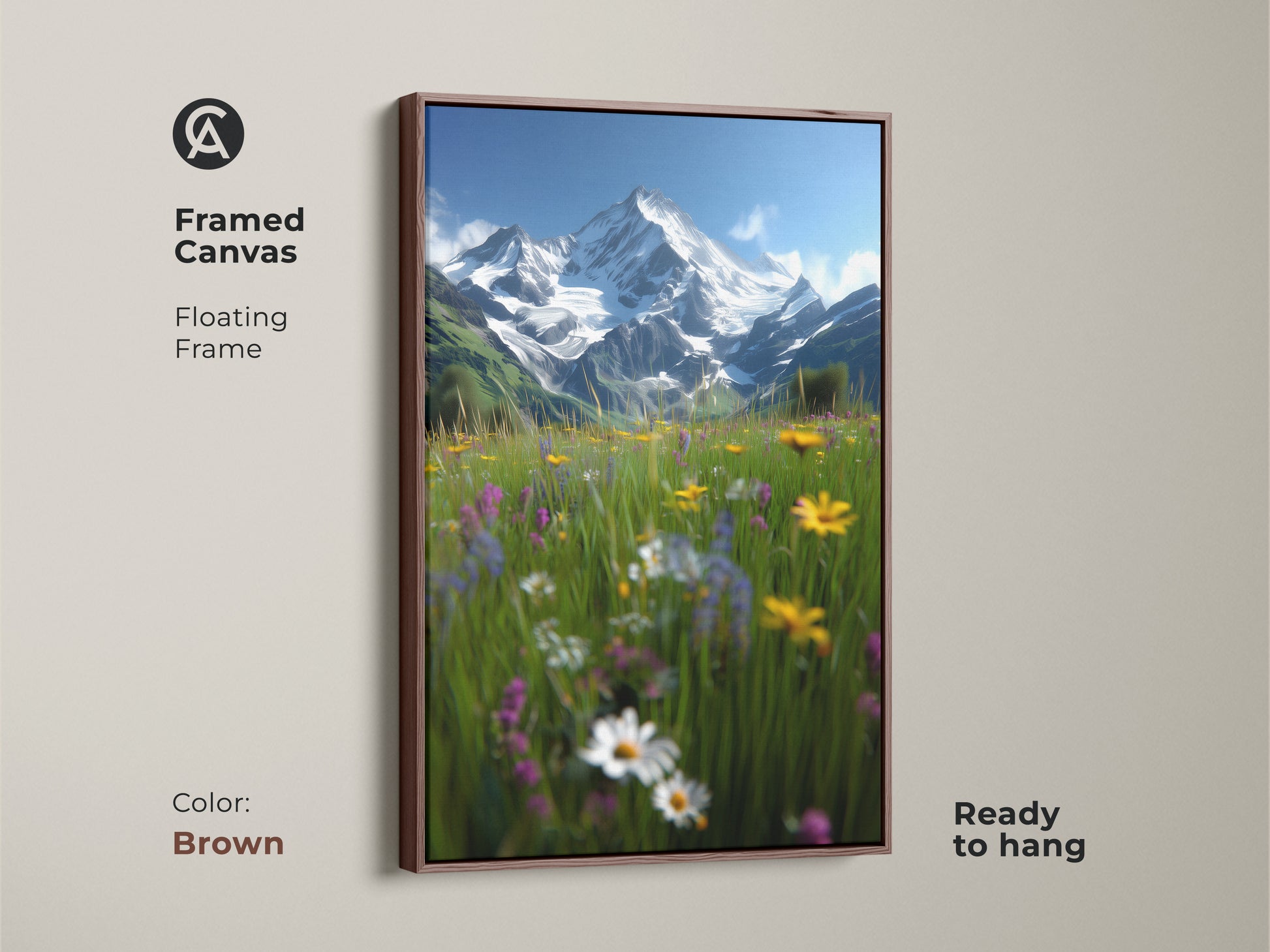 Framed canvas art displaying an alpine meadow with snow-capped mountains. The brown floating frame adds a rustic touch to this impressionistic landscape. This scenic wall decor is ready to hang. Ideal housewarming gift for those who love nature and outdoor beauty.