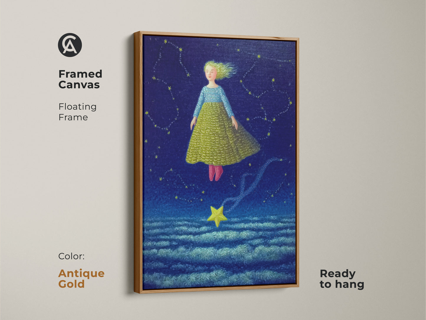 Framed canvas art print featuring a celestial girl floating in a starry night. The floating frame adds a touch of elegance to this fantasy art. Perfect for a boho nursery or kids room this framed canvas is ready to hang and will bring a magical dream art vibe. The frame is Antique Gold.