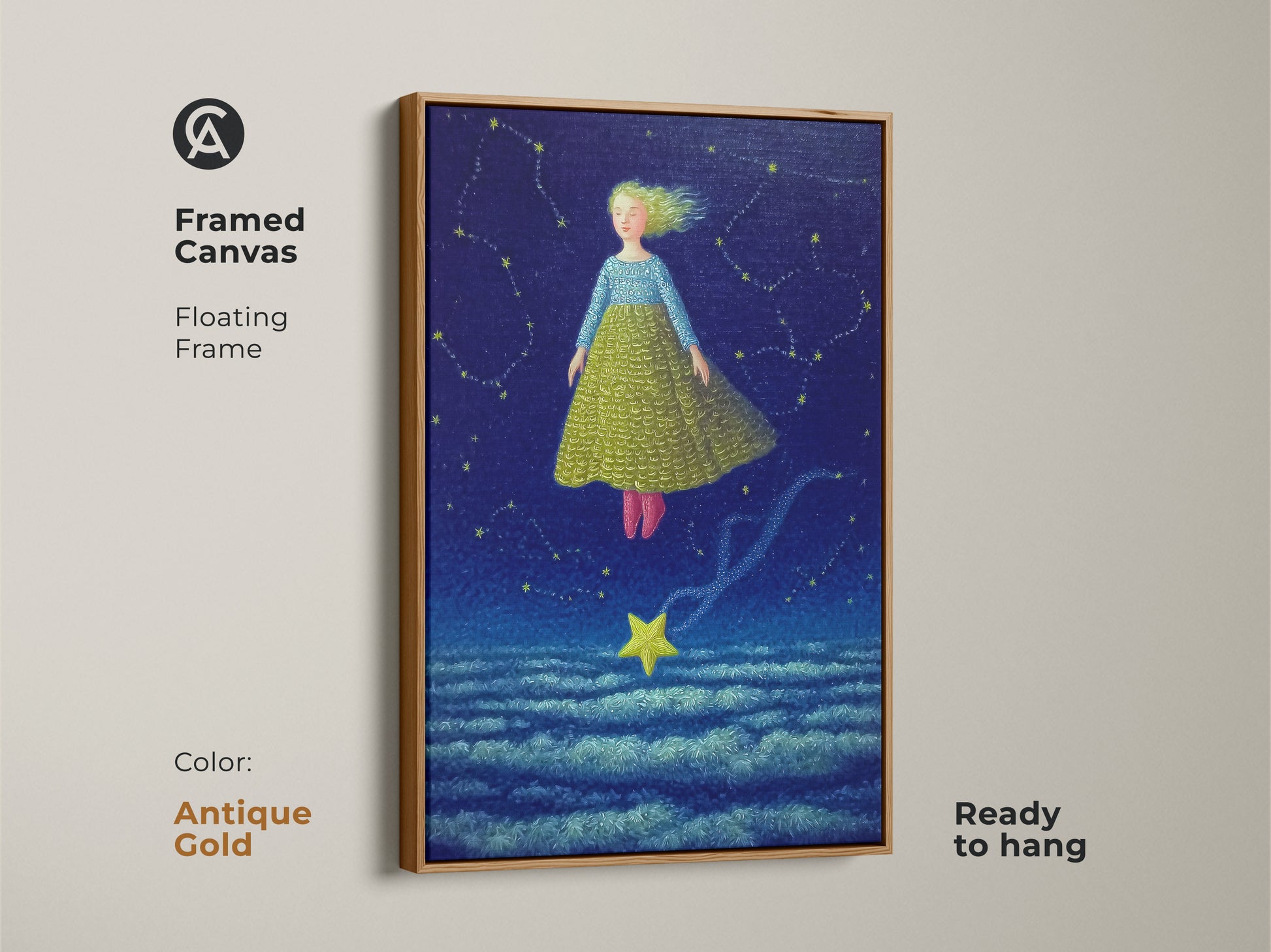 Framed canvas art print featuring a celestial girl floating in a starry night. The floating frame adds a touch of elegance to this fantasy art. Perfect for a boho nursery or kids room this framed canvas is ready to hang and will bring a magical dream art vibe. The frame is Antique Gold.