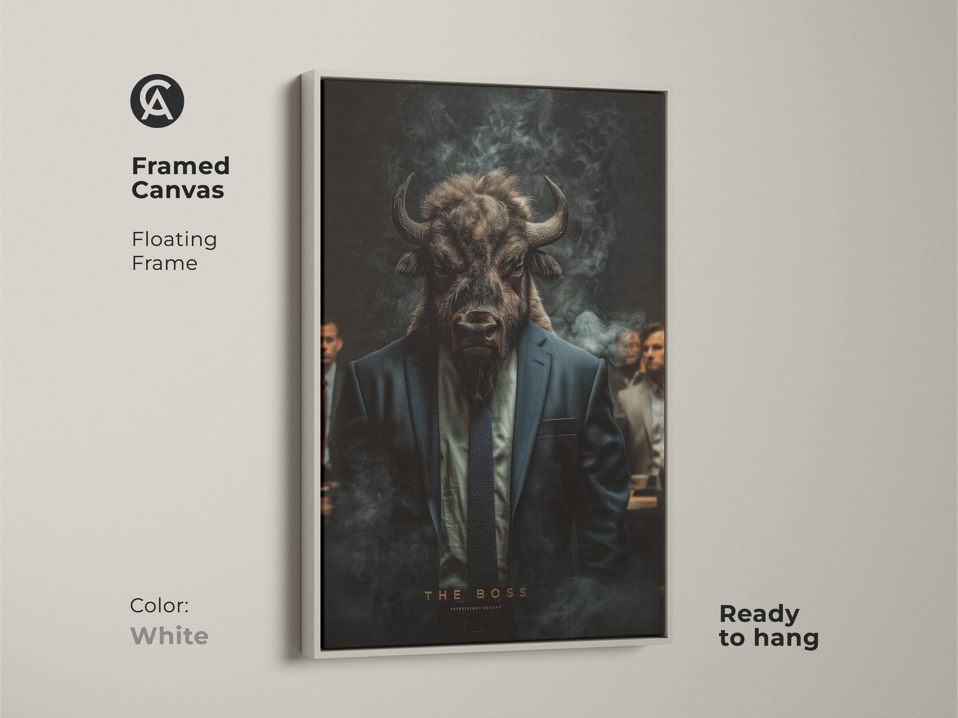 Framed canvas artwork of a bull-headed man in a suit. The floating frame is white. Ready to hang and adds a clean look. Ideal for contemporary spaces. This piece combines modern style and sophistication. Enhance your home.