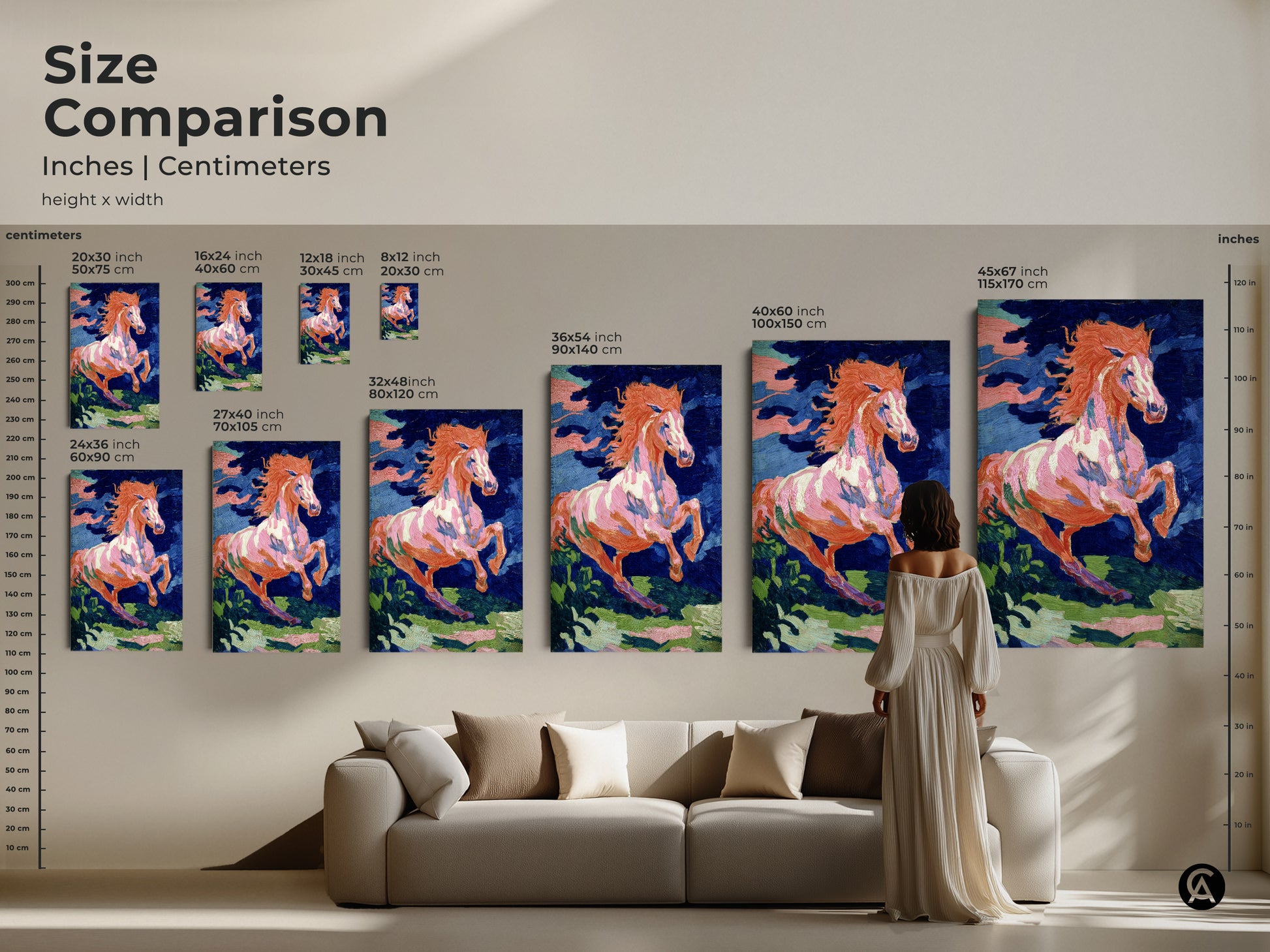 Size comparison of expressive horse prints in inches and centimeters. See how the artwork fits above a couch. Perfect for eclectic home decor. Choose the ideal size for your animal print for living room or bedroom.