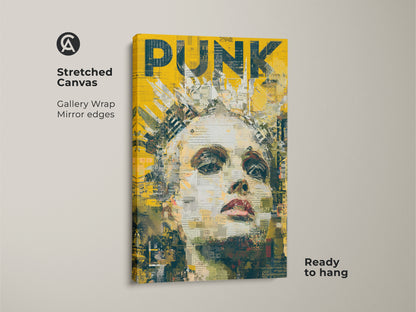 This is a canvas gallery wrap of a woman with a crown. The art style has a Punk aesthetic. The artwork includes the word PUNK in bold yellow text. It is ready to hang. It is available as framed art or on canvas.