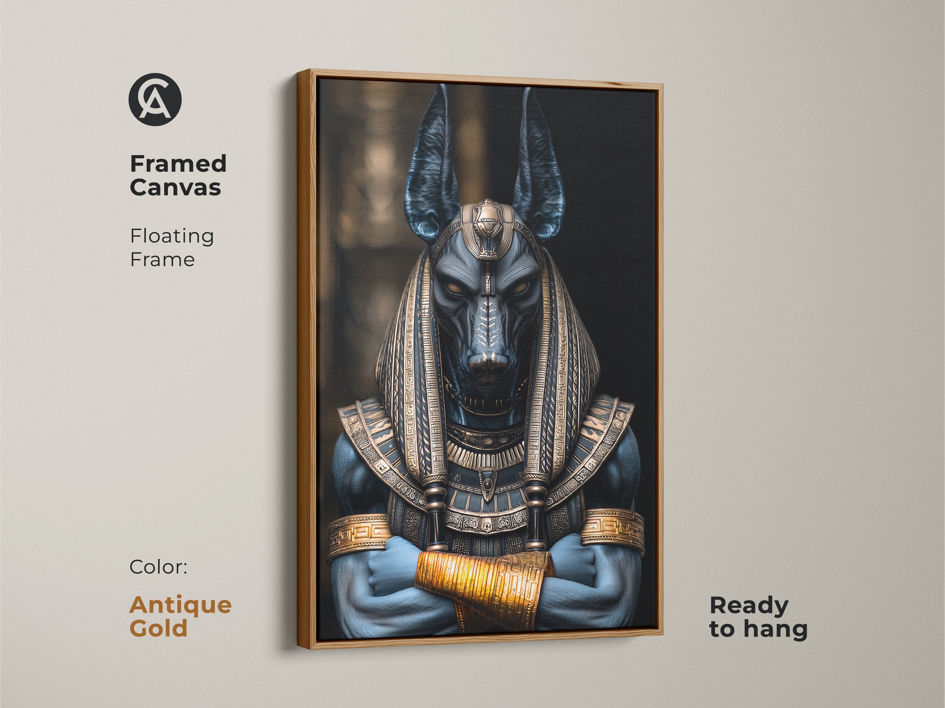 Antique gold framed canvas print of Anubis the Egyptian Jackal God. Floating frame. Ready to hang. Dark fantasy artwork with a deep blue and gold palette. A powerful deity artwork for eclectic home decor or Halloween themed art. Great for mythology lovers.