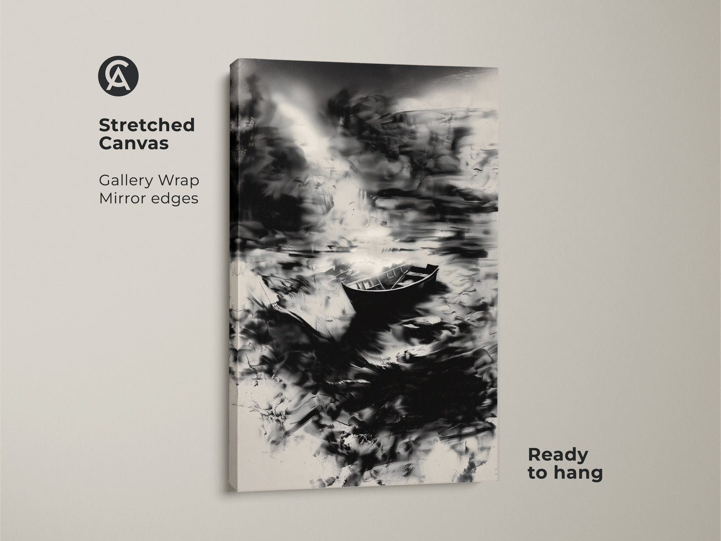 This stretched canvas features a minimalist boat print. The monochrome abstract art shows a black and white canvas with a nature wall art theme. Perfect for a modern bedroom or home office. The gallery wrap with mirrored edges makes it ready to hang. A great gift for those who love abstract ocean scenes.