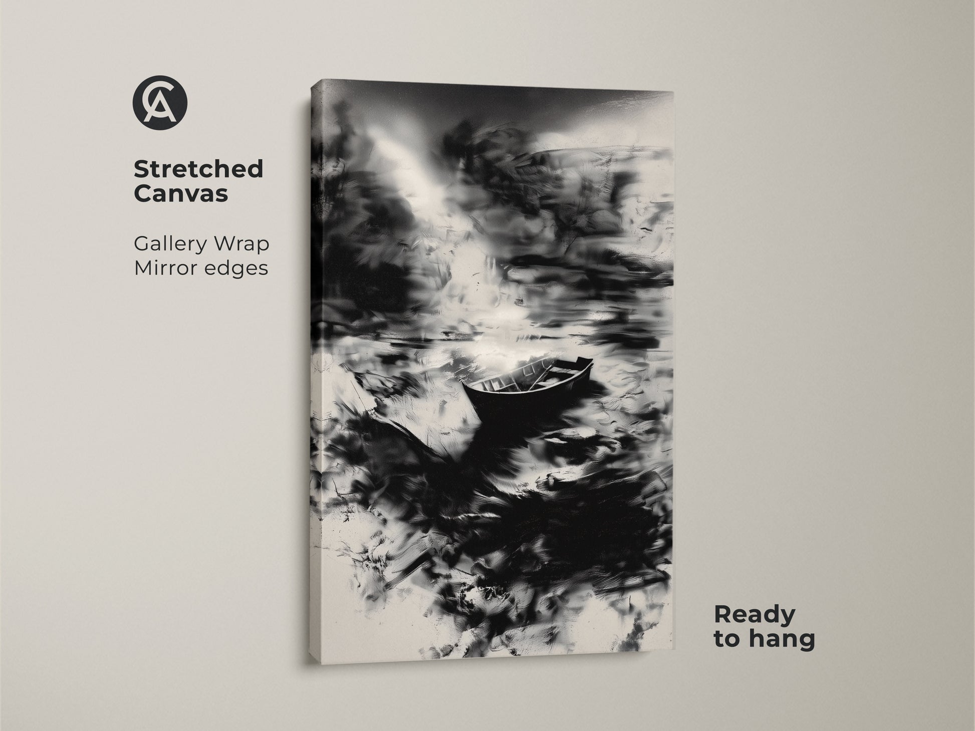 This stretched canvas features a minimalist boat print. The monochrome abstract art shows a black and white canvas with a nature wall art theme. Perfect for a modern bedroom or home office. The gallery wrap with mirrored edges makes it ready to hang. A great gift for those who love abstract ocean scenes.