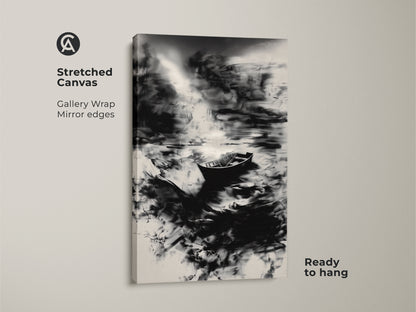 This stretched canvas features a minimalist boat print. The monochrome abstract art shows a black and white canvas with a nature wall art theme. Perfect for a modern bedroom or home office. The gallery wrap with mirrored edges makes it ready to hang. A great gift for those who love abstract ocean scenes.