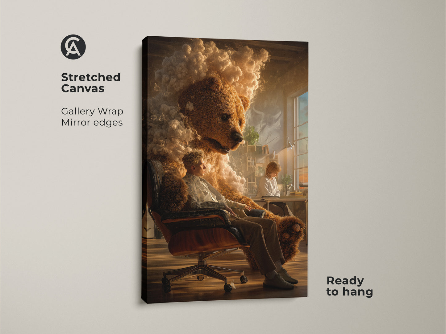 Stretched canvas print of surreal bear man art. Gallery wrap with mirror edges for a modern look. The unique wall art brings an artistic touch to any home or office. Ready to hang and enjoy this dreamy golden brown scene.