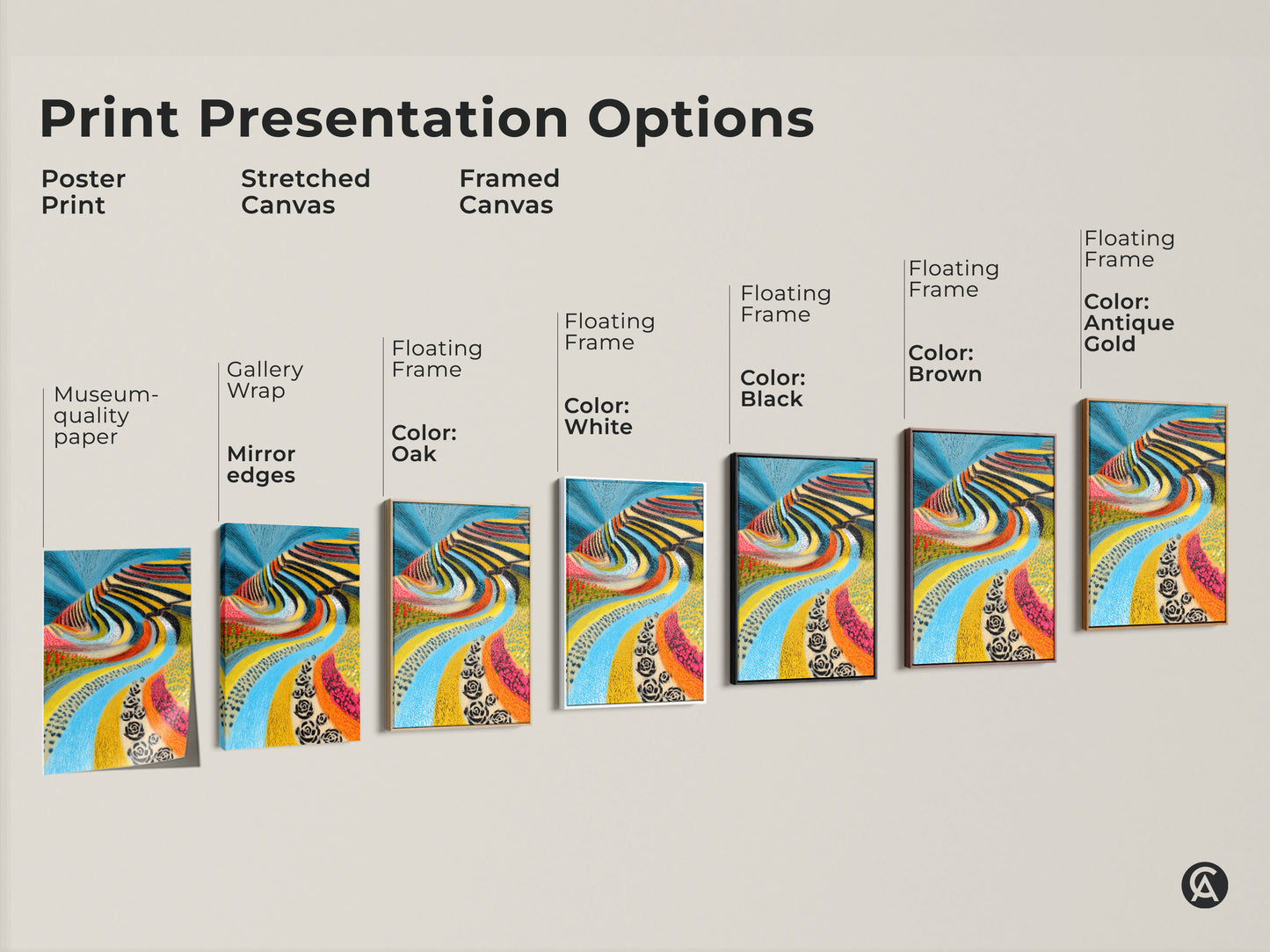 Explore print presentation options for folk art landscape. See options for poster prints stretched canvas and framed canvas. This abstract blue river artwork has museum quality. Perfect for eclectic colorful home decor and a unique housewarming gift for art lovers.