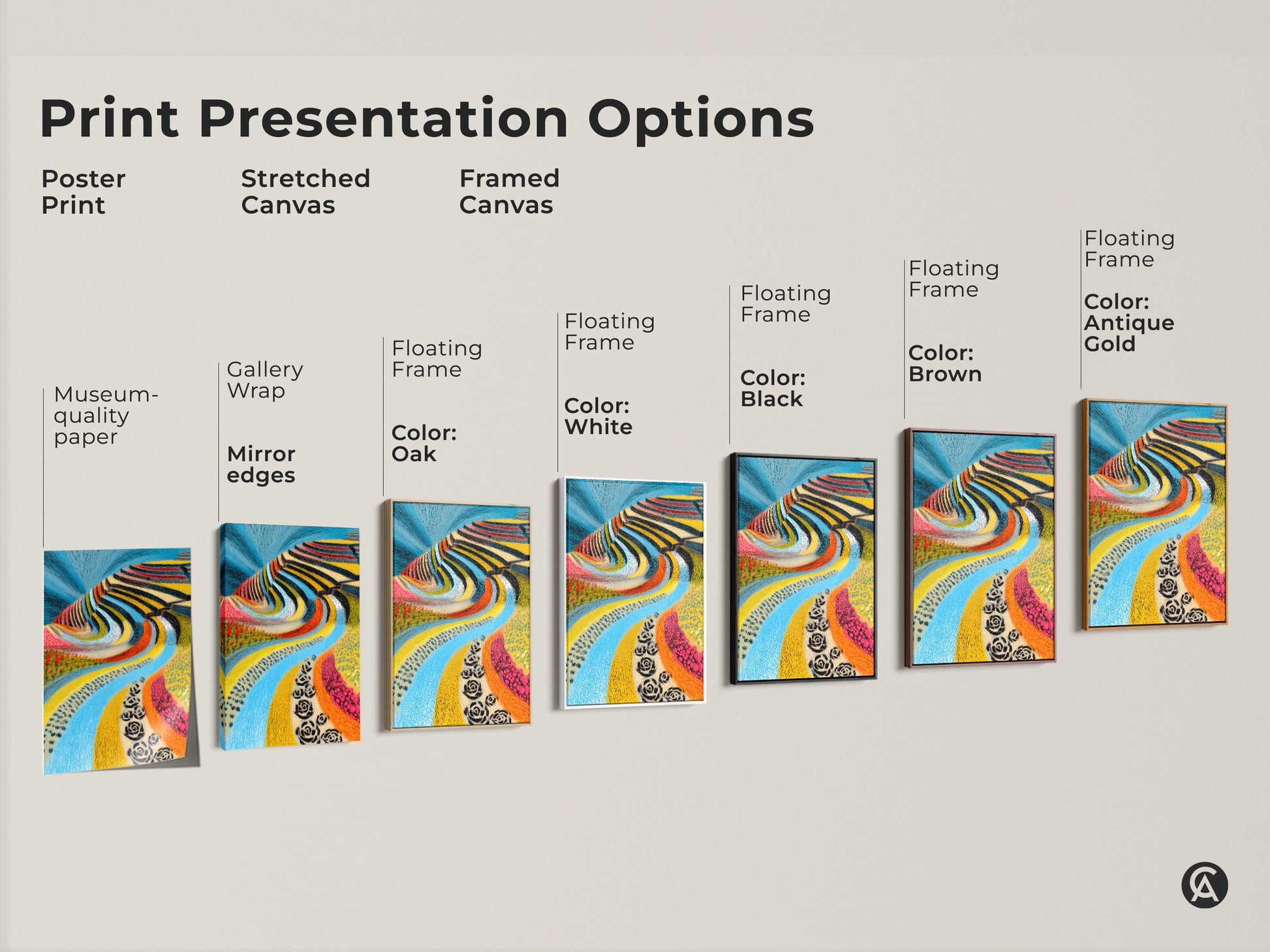 Explore print presentation options for folk art landscape. See options for poster prints stretched canvas and framed canvas. This abstract blue river artwork has museum quality. Perfect for eclectic colorful home decor and a unique housewarming gift for art lovers.