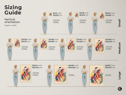 Sizing guide for the vertical orientation of the cowboy riding horse art. Available in canvas and poster options. Sizes range from small to medium to large for various wall spaces.
