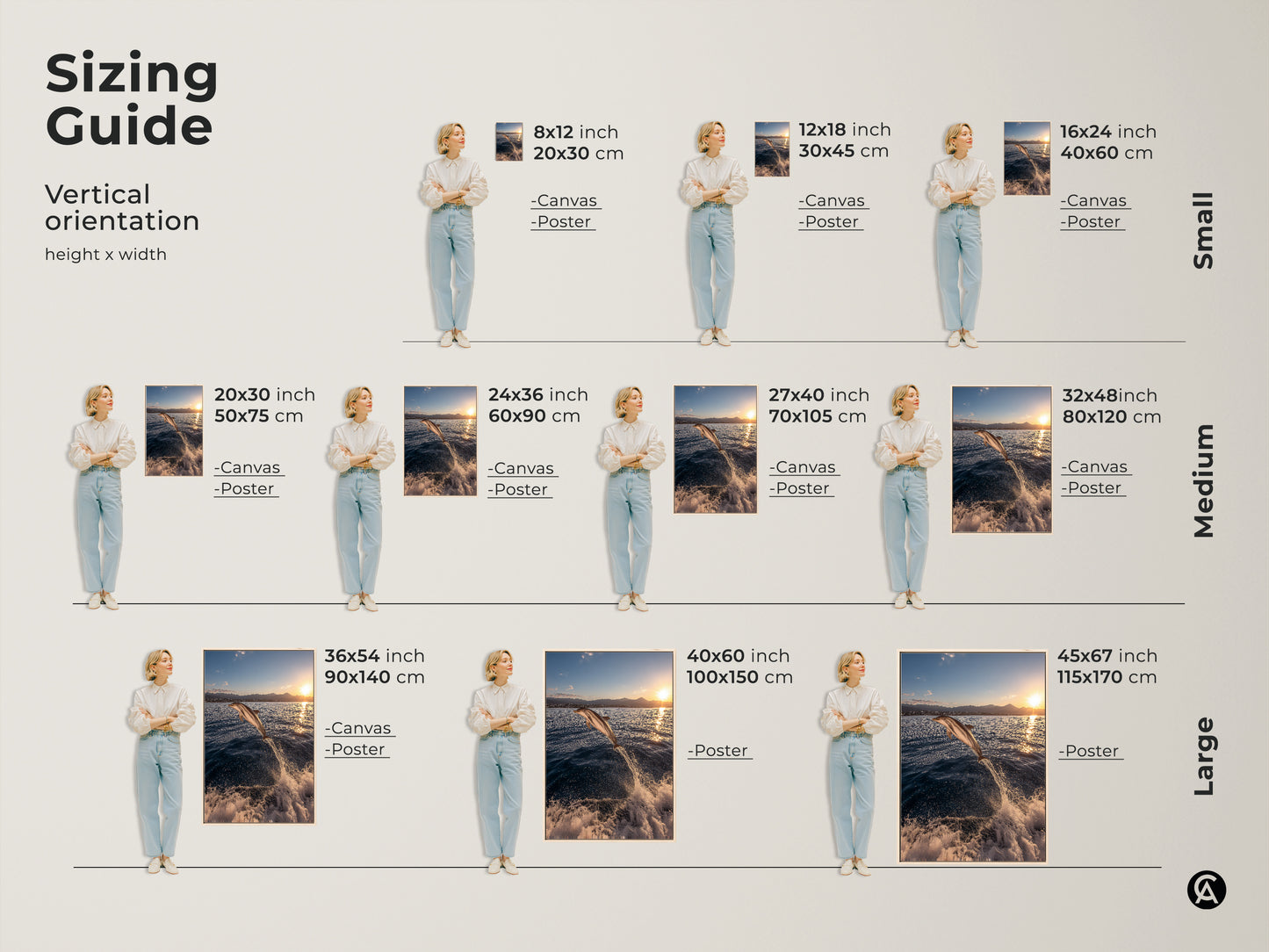 Visualize the vertical orientation and sizes of the dolphin sunset canvas art print. Available in small medium and large this coastal artwork fits various spaces. See how the 8x12 inch to 45x67 inch options complement any room. Perfect for beach house decor and ocean-themed interiors.