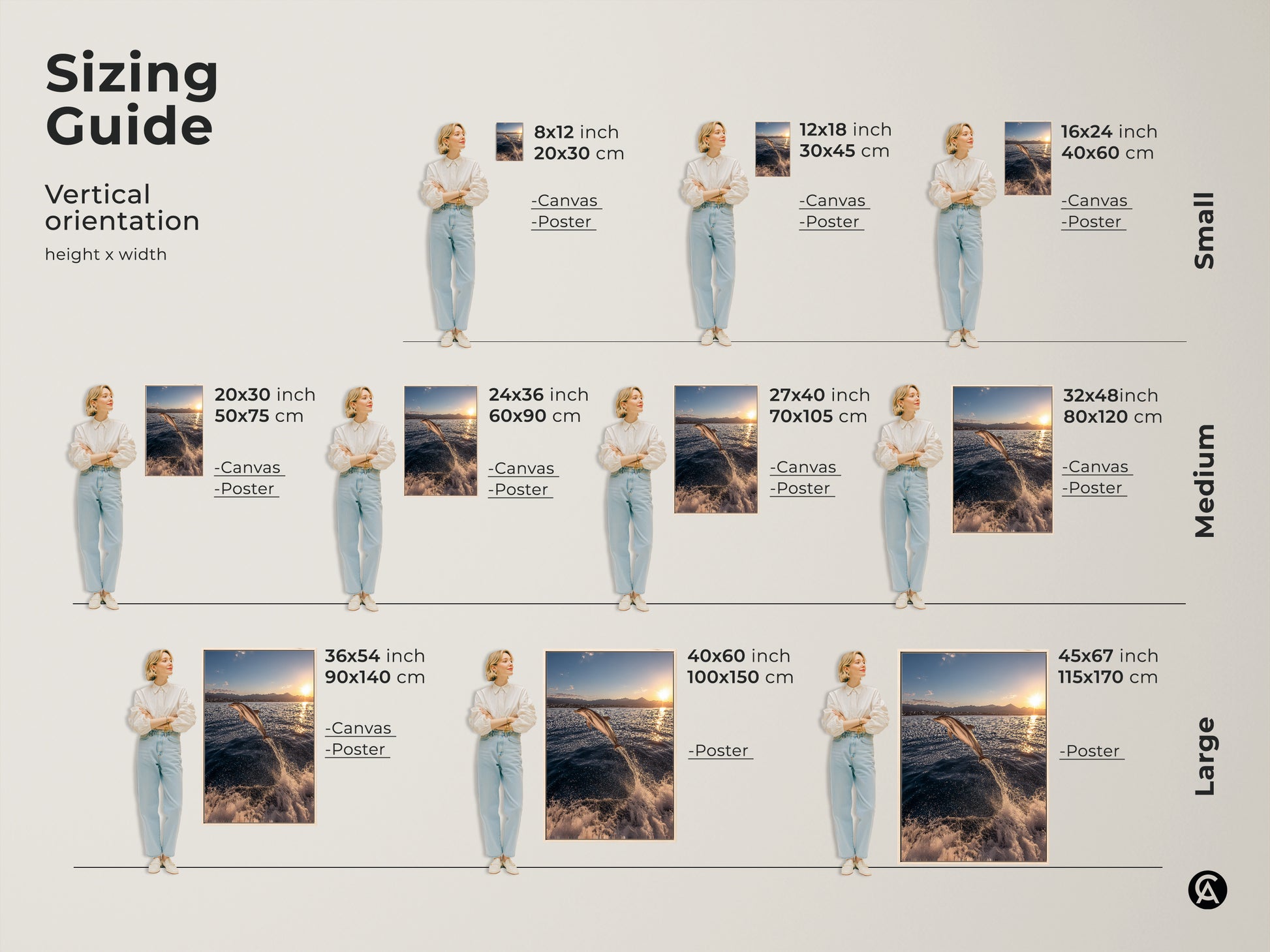 Visualize the vertical orientation and sizes of the dolphin sunset canvas art print. Available in small medium and large this coastal artwork fits various spaces. See how the 8x12 inch to 45x67 inch options complement any room. Perfect for beach house decor and ocean-themed interiors.