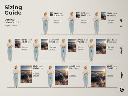 Visualize the vertical orientation and sizes of the dolphin sunset canvas art print. Available in small medium and large this coastal artwork fits various spaces. See how the 8x12 inch to 45x67 inch options complement any room. Perfect for beach house decor and ocean-themed interiors.