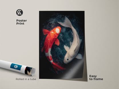 A rolled poster print shows an artful rendering of koi fish. The red and white fish appear to swim in a circle. Easy to frame museum-quality paper art is rolled in a tube.