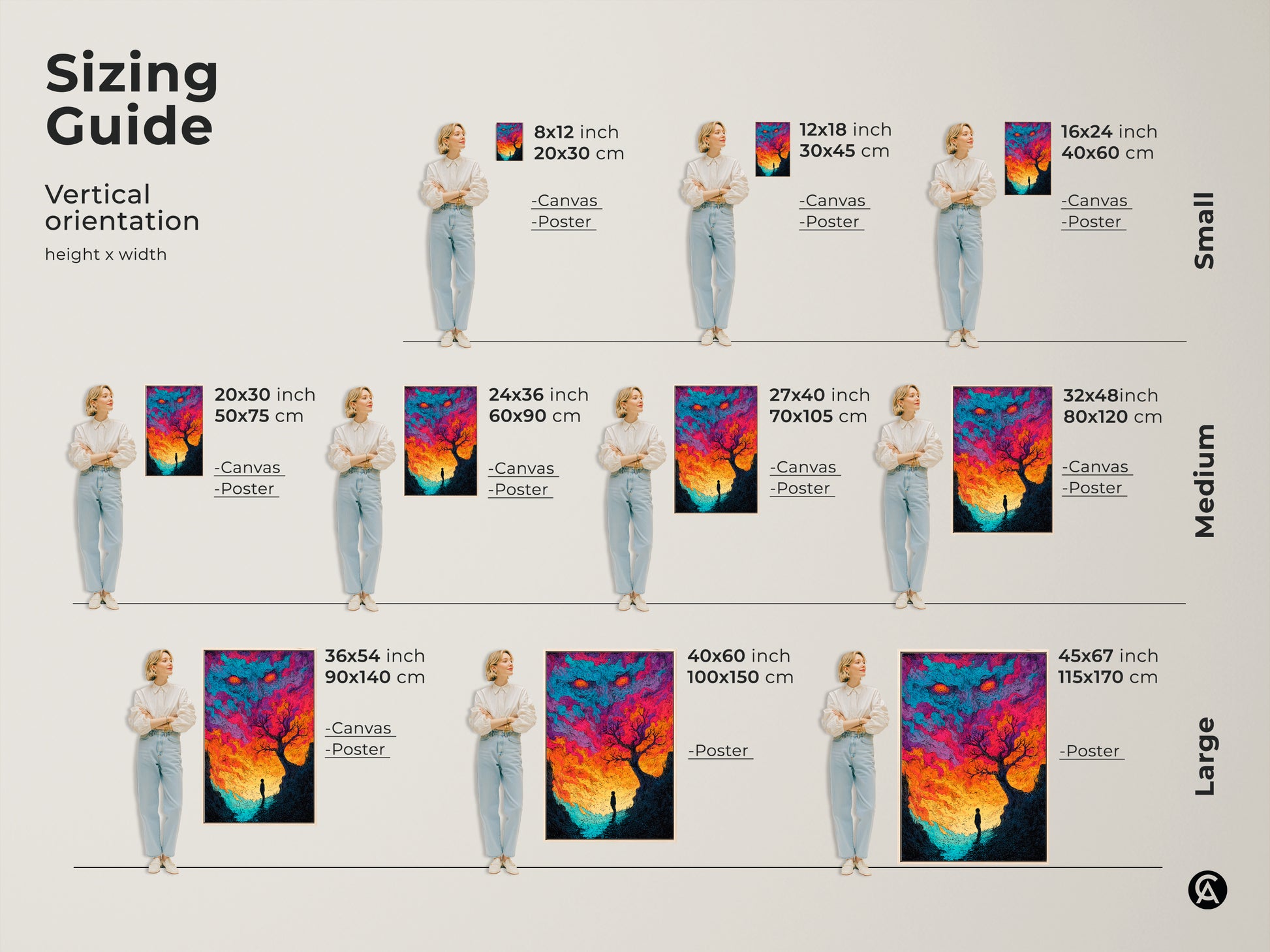 Find the perfect size with our artwork sizing guide. See how the artwork looks in various vertical orientations. Visualize canvas and poster options in small medium and large sizes. Choose the ideal fit for your space. Make a statement with this piece.