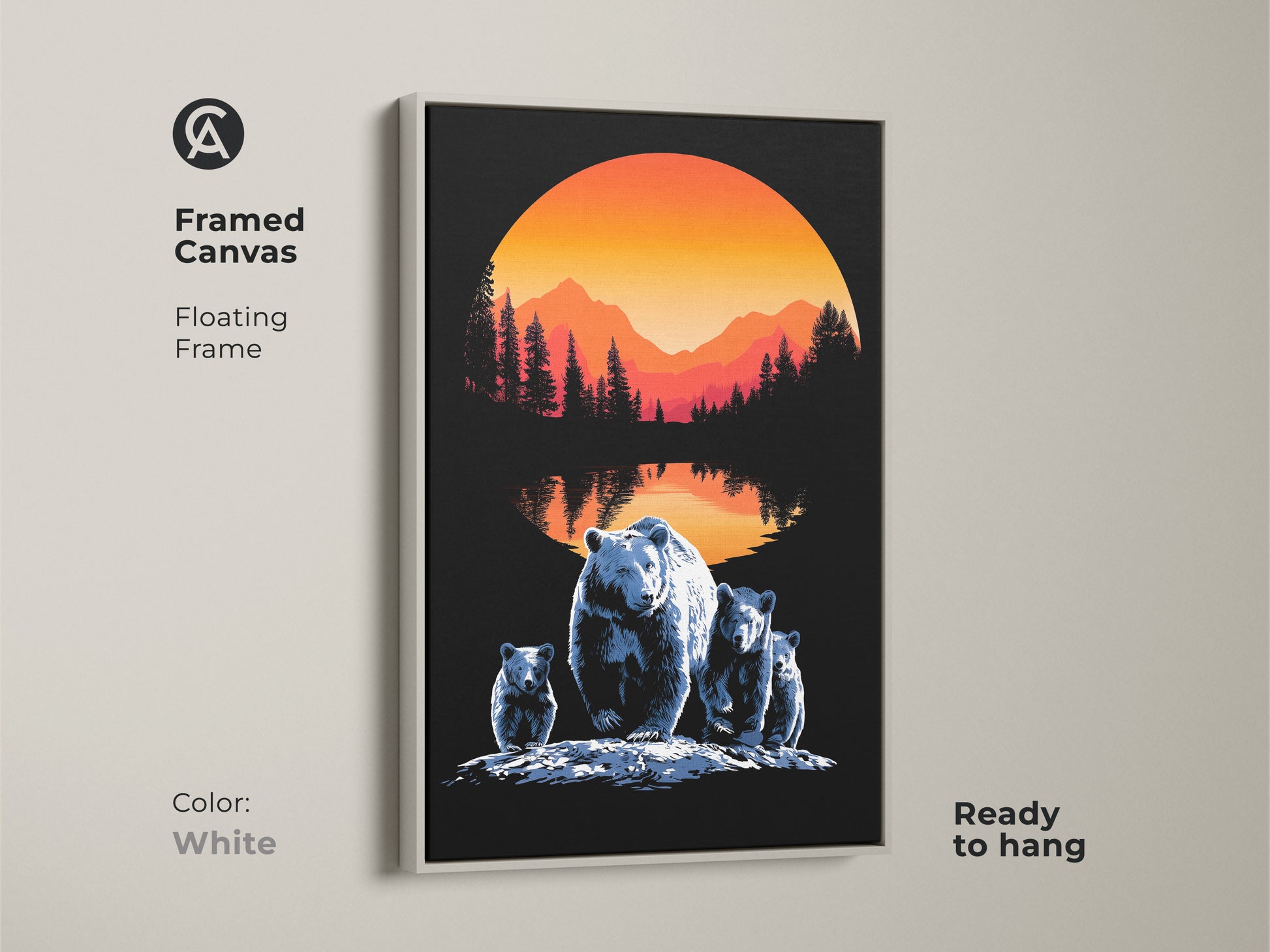 Framed canvas showcasing bear family artwork with a floating frame. The sunset mountain landscape canvas brings nature scenery to your walls. White frame enhances the modern farmhouse bear art and wilderness family scene making it ready to hang.