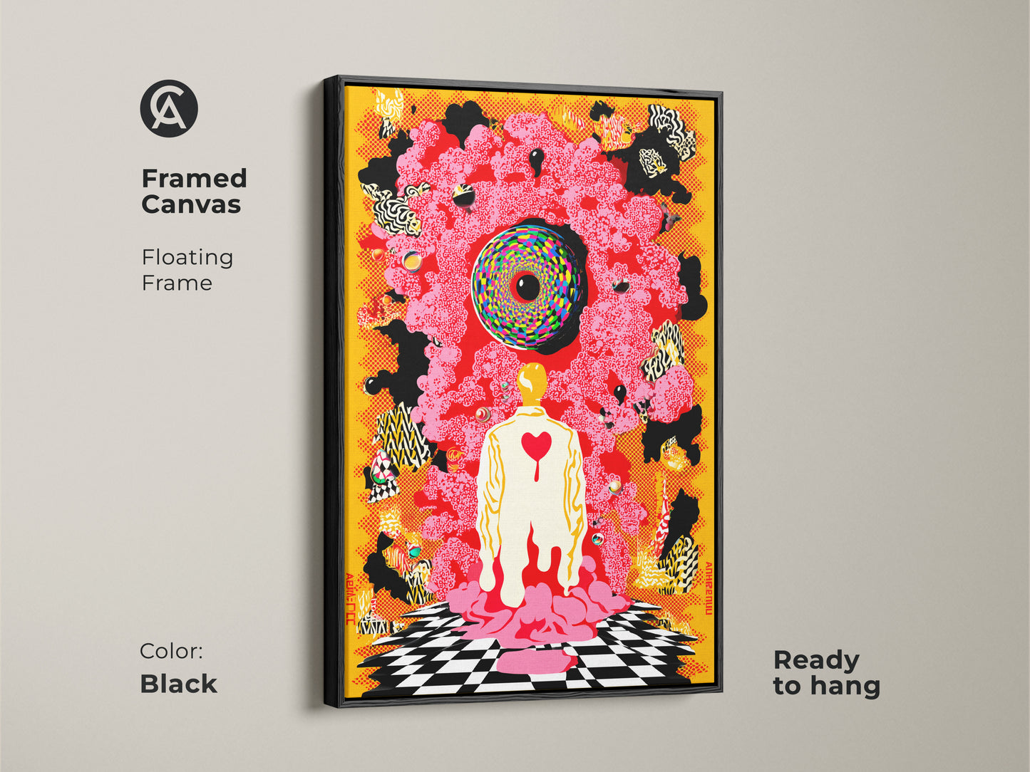 Black framed canvas featuring an eclectic abstract artwork. A surrealist human figure stands out with a psychedelic canvas print. Ready to hang this yellow red black art is perfect for modern office decor.