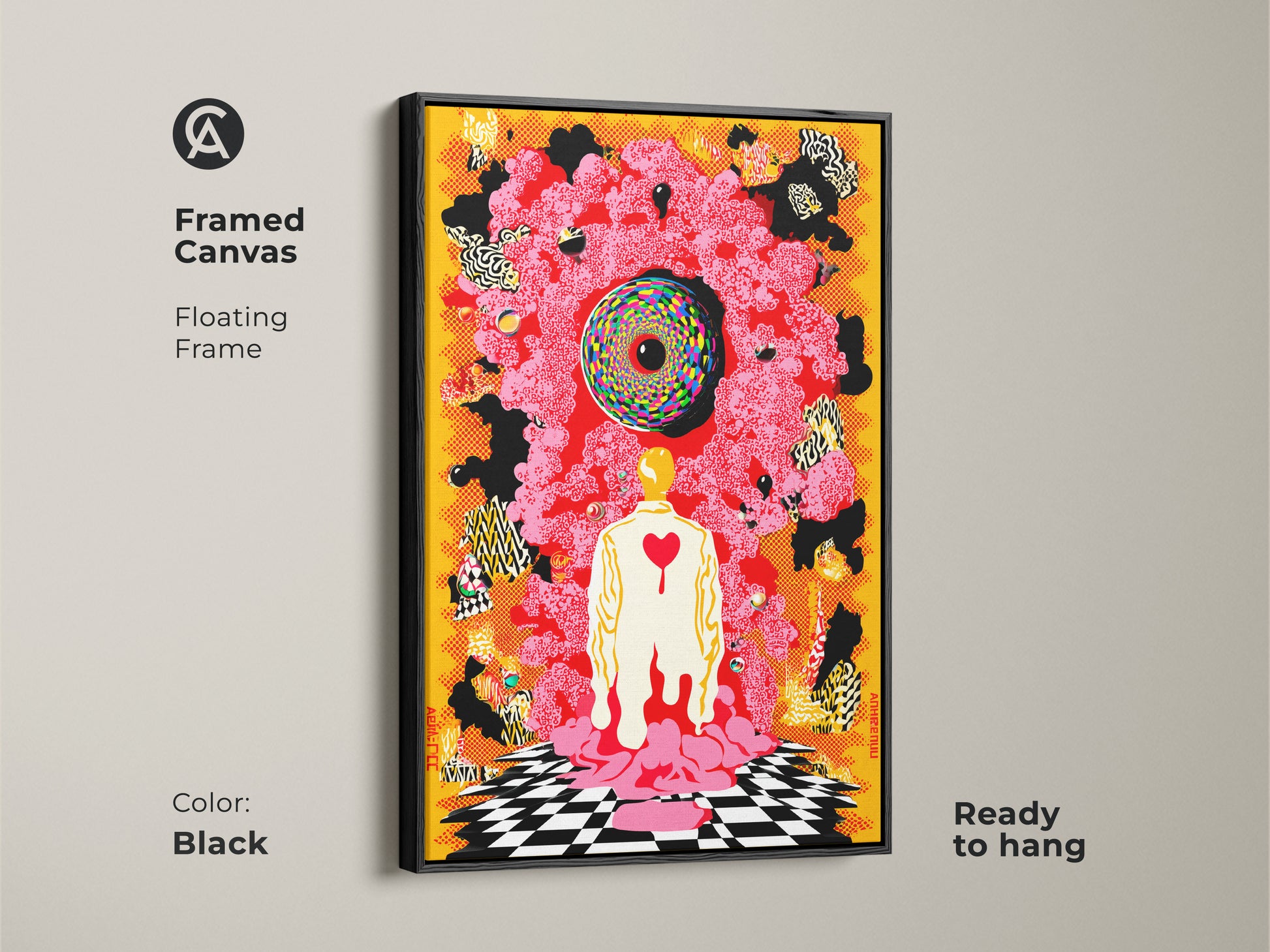 Black framed canvas featuring an eclectic abstract artwork. A surrealist human figure stands out with a psychedelic canvas print. Ready to hang this yellow red black art is perfect for modern office decor.