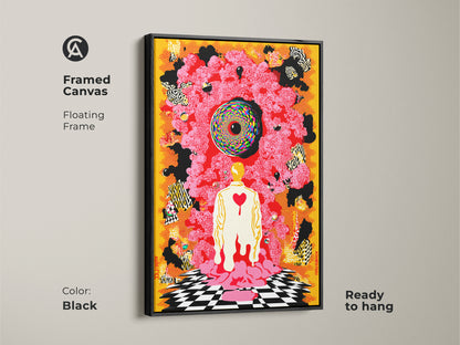 Black framed canvas featuring an eclectic abstract artwork. A surrealist human figure stands out with a psychedelic canvas print. Ready to hang this yellow red black art is perfect for modern office decor.