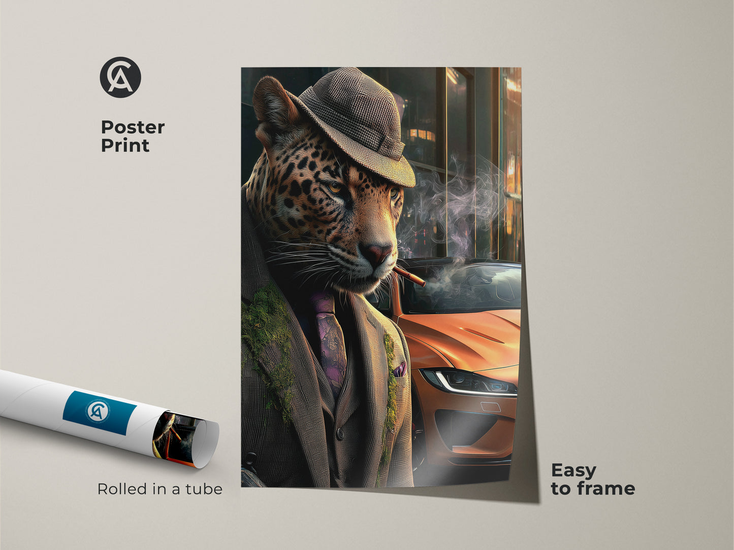 Poster print showcasing surreal leopard wall art. The artwork shows a dapper leopard in suit. It is easy to frame. This neo noir artwork adds a touch of vintage charm. Great eclectic birthday gift for car enthusiasts.