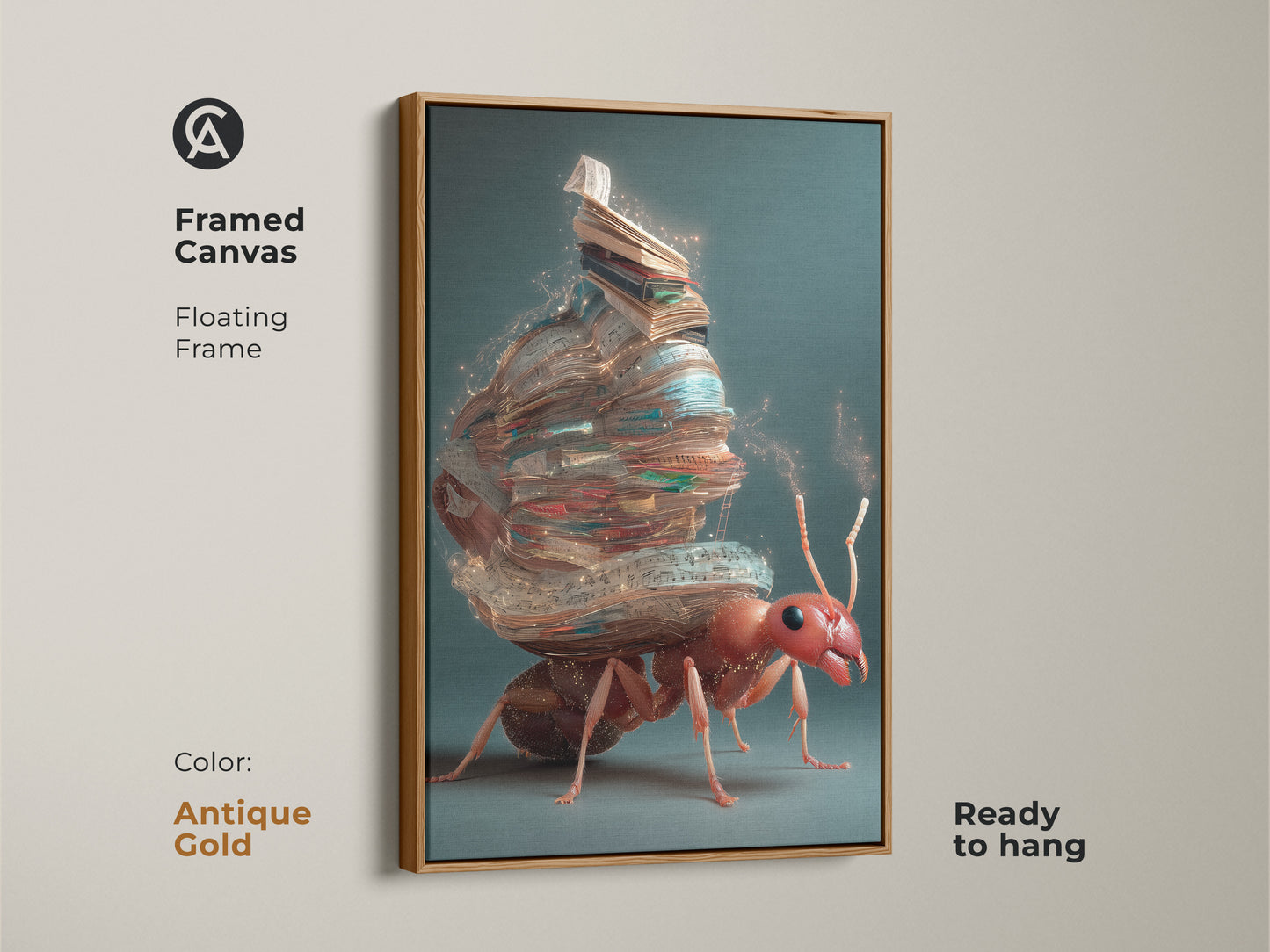 This framed canvas in antique gold shows the fantasy ant artwork. The surrealism print depicts an ant carrying books. This piece offers eclectic office wall art. Its unique bookish art gift with a red and brown color palette.