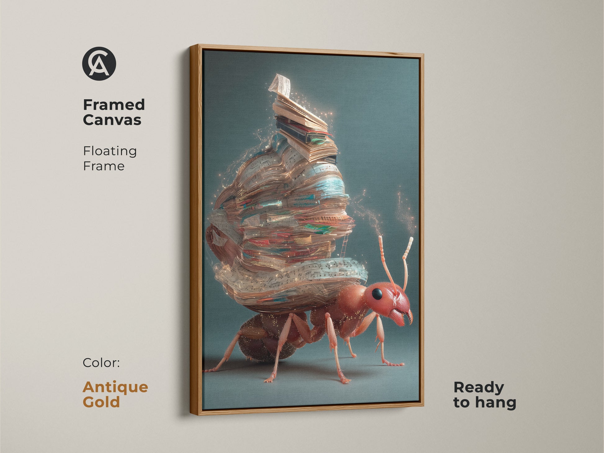 This framed canvas in antique gold shows the fantasy ant artwork. The surrealism print depicts an ant carrying books. This piece offers eclectic office wall art. Its unique bookish art gift with a red and brown color palette.