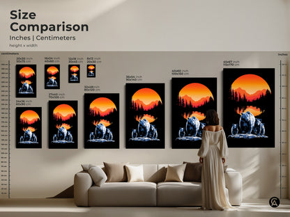 Size comparison of minimalist bear family art in inches and centimeters. Various sizes available from small to extra large. This mountain sunset landscape art transforms any space with a touch of nature. A perfect large wall art animals.
