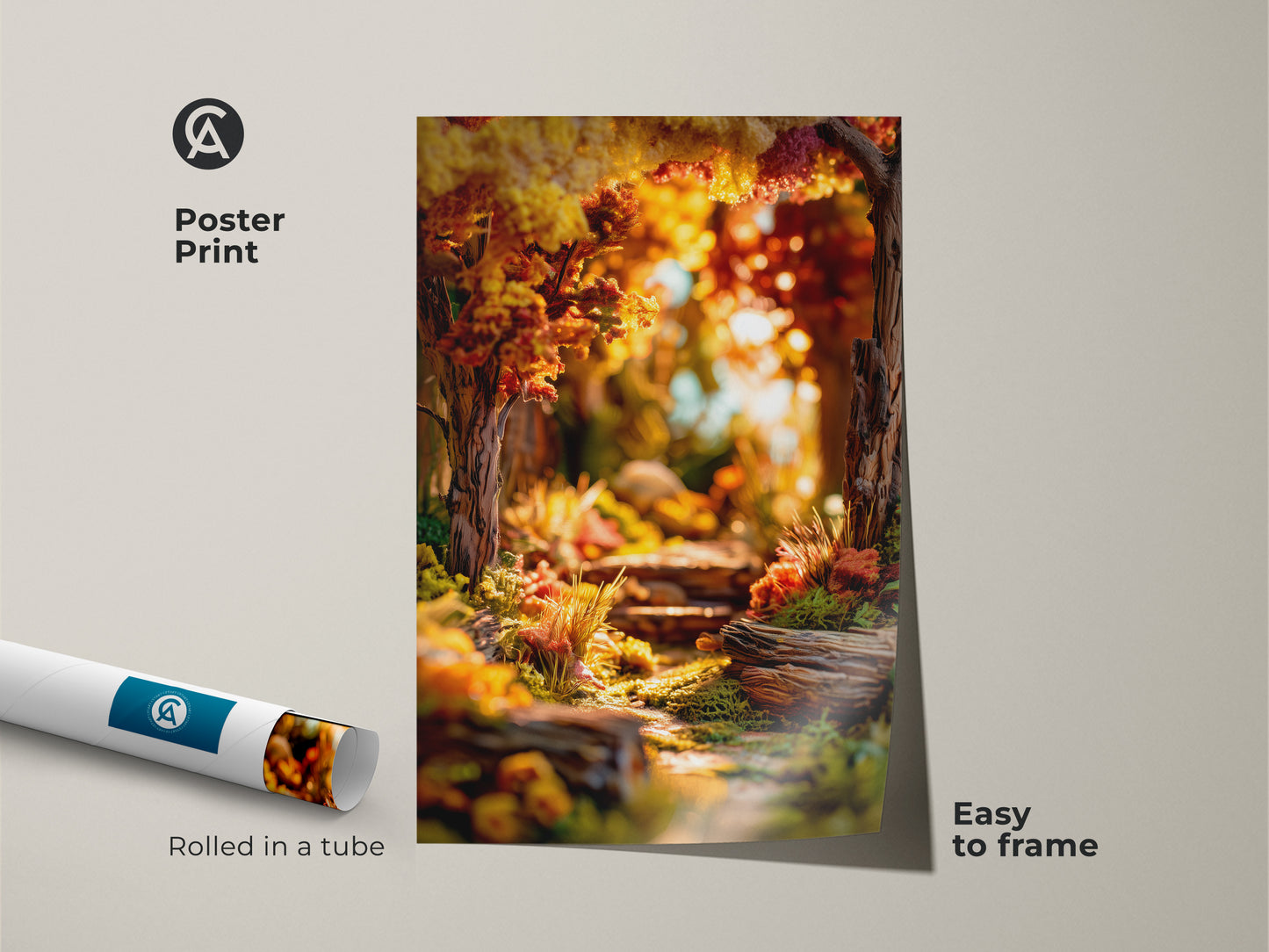 Poster print featuring a forest path scene. Golden light filters through autumn leaves. The poster print is rolled in a tube for protection. This nature art is easy to frame and display.