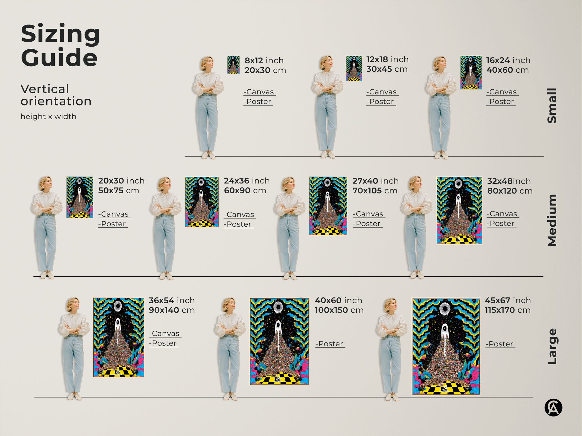 Sizing guide shows vertical orientation options for canvas and poster prints. The surreal eye canvas artwork is available in small medium and large sizes. Find the perfect fit for psychedelic art for any space with this abstract wall decor.