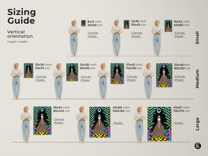 Sizing guide shows vertical orientation options for canvas and poster prints. The surreal eye canvas artwork is available in small medium and large sizes. Find the perfect fit for psychedelic art for any space with this abstract wall decor.