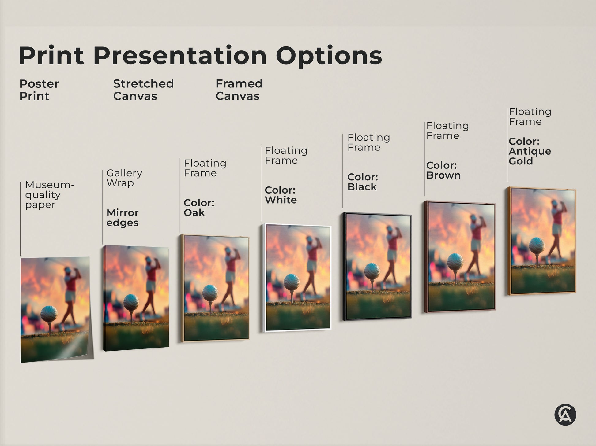 Explore diverse print options for golf artwork. Choose from poster prints to stretched canvas. Options include framed canvas with various frame colors. Find the perfect presentation to match your style. Enhance your space today.