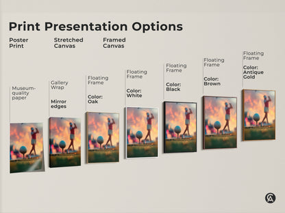 Explore diverse print options for golf artwork. Choose from poster prints to stretched canvas. Options include framed canvas with various frame colors. Find the perfect presentation to match your style. Enhance your space today.