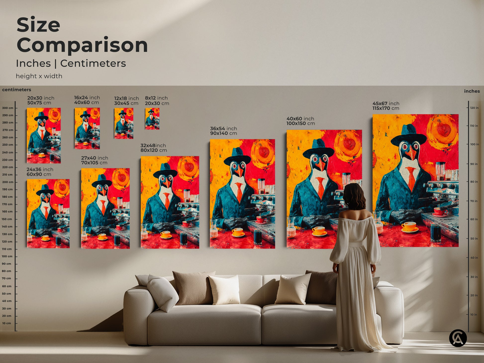 Size comparison of the penguin barista artwork from small to large hanging above a couch. See how the animal artwork looks in a home setting. This bold color animal print is great for a home bar or office. Coffee lovers will adore this as a gift. The canvas is ready to hang.
