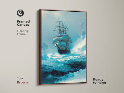 This framed canvas features a brown floating frame displaying nautical tall ship artwork. This is a blue ocean maritime scene with adventurous vibes. Ready to hang this iceberg ocean print will enhance any space. It serves as great sea exploration art.