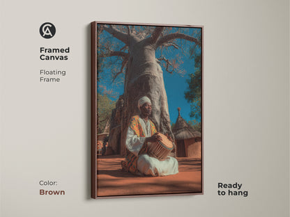 Brown framed canvas of an African musician with a Baobab tree. The floating frame displays tribal artwork. The boho culture canvas art features earth tones. This folk art is blue and orange. This musician artwork is ready to hang.