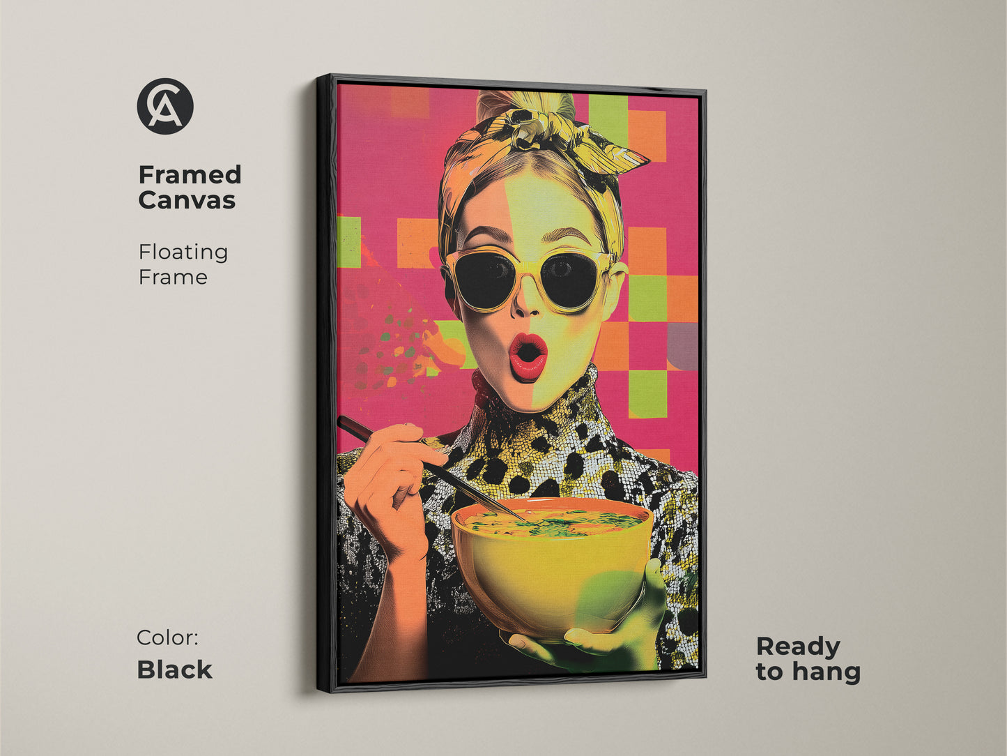 Framed canvas featuring a pop art woman enjoying soup. The floating black frame enhances this contemporary kitchen wall art. A foodie gift for her with yellow orange and pink abstract elements. This modern woman portrait is ready to hang. It's colorful kitchen decor.