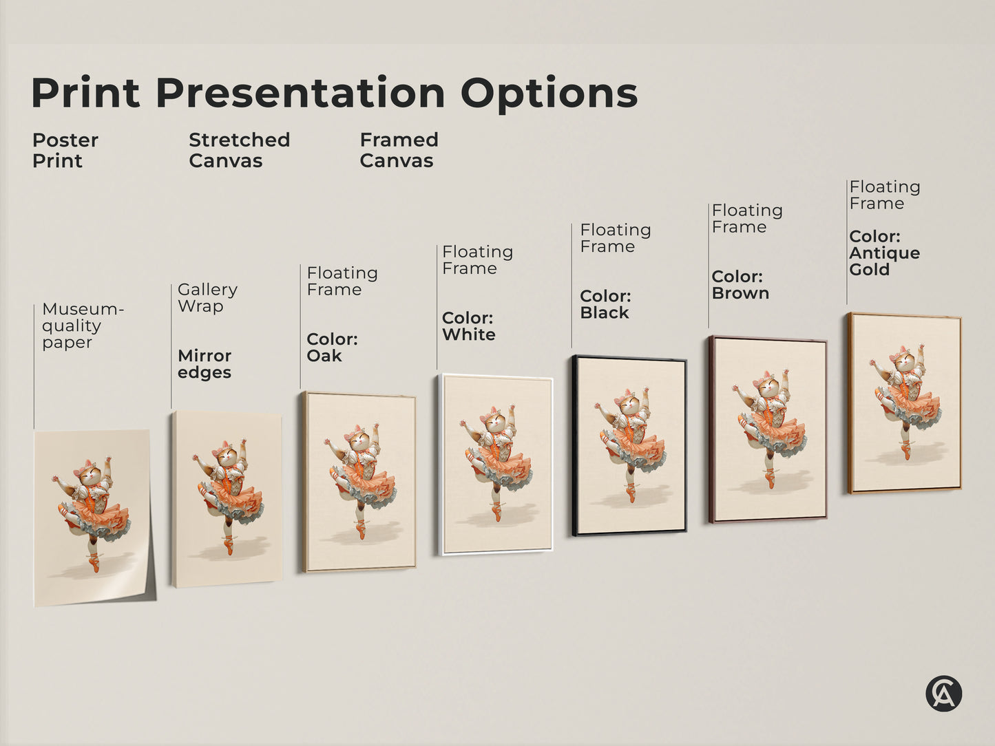 Print presentation options featuring the orange ballerina cat art. Choose from poster print stretched canvas or framed canvas. Available with gallery wrap museum-quality paper and floating frame options in various colors. This whimsical fantasy cat art is perfect for eclectic home decor.