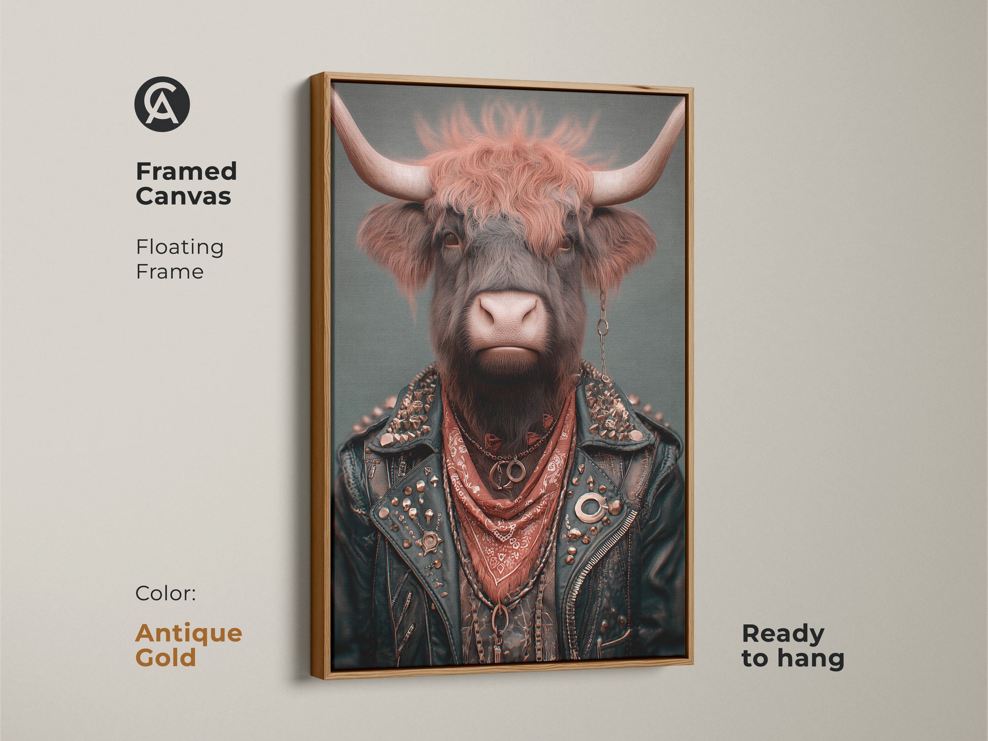 Framed canvas showcasing a punk rock cow in antique gold frame. Perfect as office art for men or den wall decoration. It's a cool gift for rock fans seeking an alternative animal art piece.