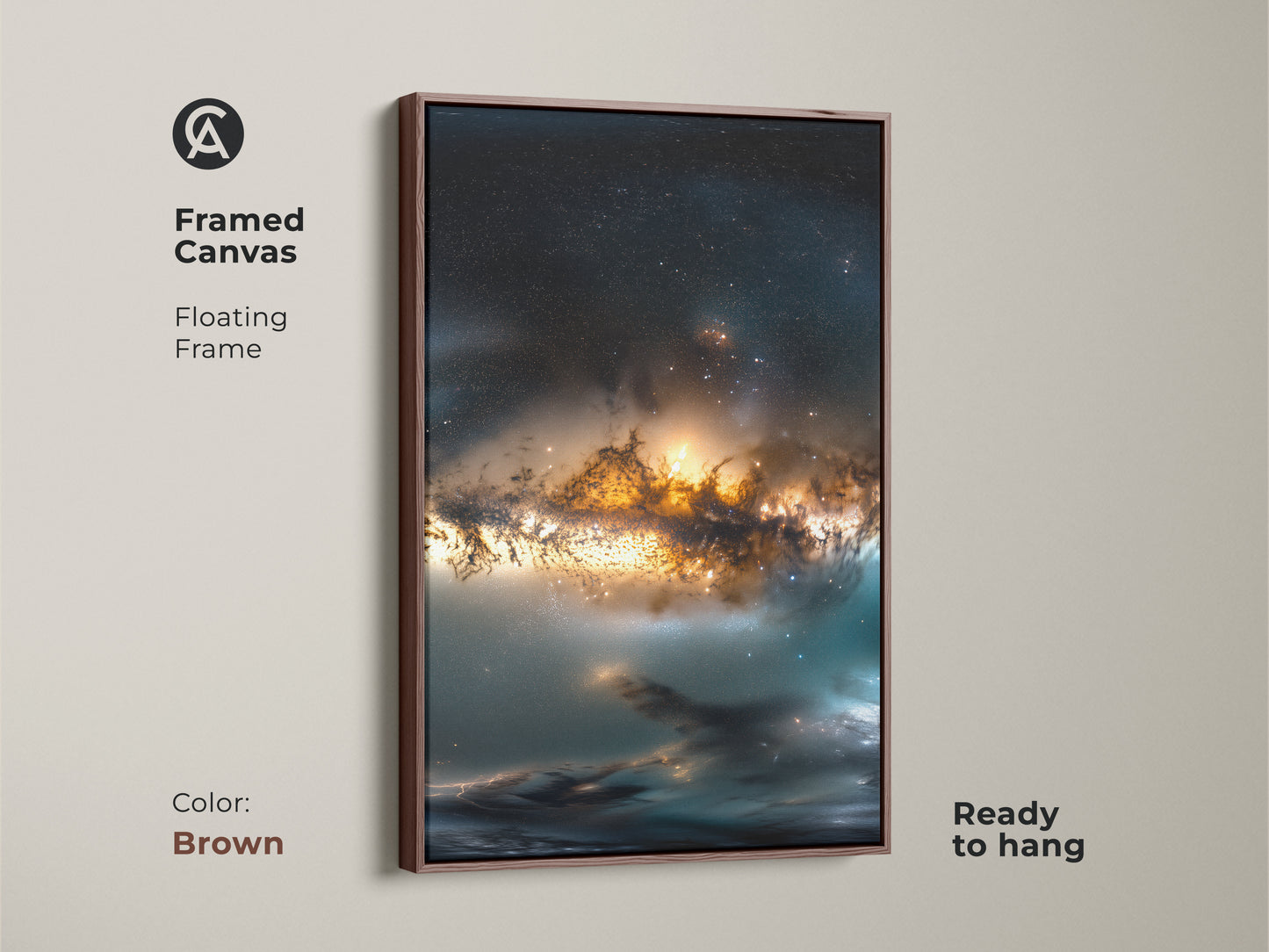Brown framed canvas artwork displaying a vibrant space nebula. This floating frame enhances the depth of this canvas. Ready to hang this framed art adds warmth to any space. Perfect for adding a cosmic touch to your wall decor.