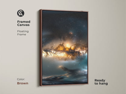 Brown framed canvas artwork displaying a vibrant space nebula. This floating frame enhances the depth of this canvas. Ready to hang this framed art adds warmth to any space. Perfect for adding a cosmic touch to your wall decor.