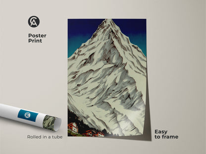 Poster Print of Snowy Peaks Wall Art rolled in a tube. This rustic village art is easy to frame. A perfect linocut landscape piece for outdoor lovers. Enhance your bedroom wall decor with this cozy home art. Great as a housewarming gift.